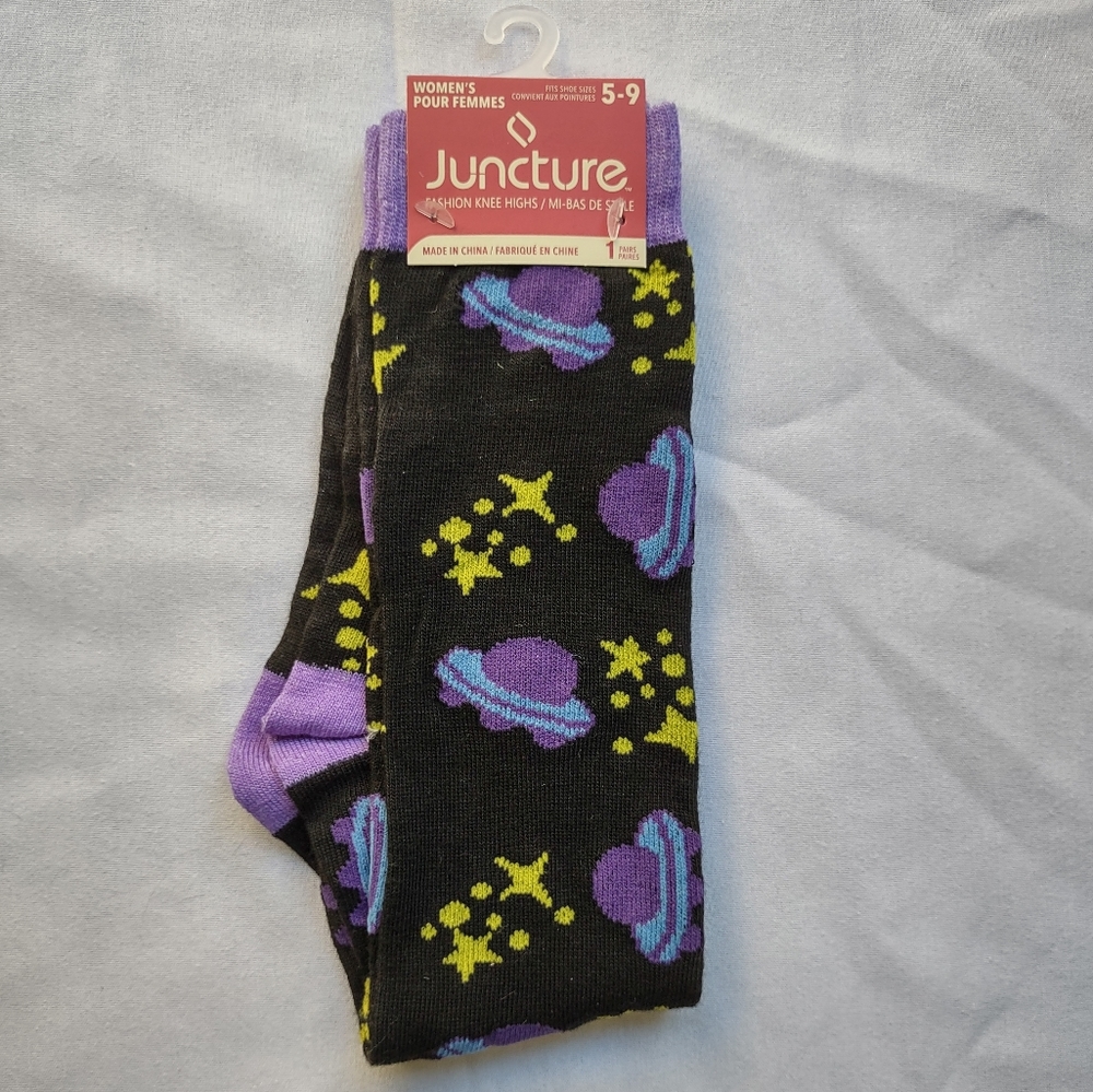 UFO Space Socks Novelty Fashion Collectible Galactic Aliens Fun Knee High